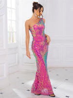 Vestido De Fiesta Largo De Encaje Con Un Hombro Sin Mangas Ajustado Para Mujer Color Azul Verde Rosa Lavanda Elegante Y Sexy - details 11