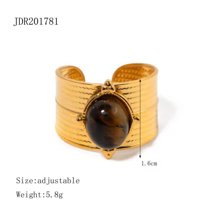 Encanto Anillos de piedra Natural ovalados de acero inoxidable con placa dorada, aro de dedo redondo geométrico para mujer, regalos de joyería Vintage simples y creativos - 1