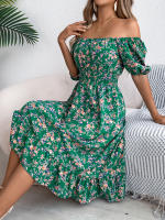 Vestido Elegante De Primavera Y Verano Para Mujer Con Estampado Floral Cuello Cuadrado Manga Corta Volante Al Borde Vestido A-Line De Rodilla Casual - details 12