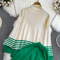 Conjunto De Ropa De Mujer REALEFT Otoño Invierno 2 Piezas Traje De Pista Tejido Con Cuello Alto Rayado Y Pantalones Rectos Polyester Estilo Casual - details 4