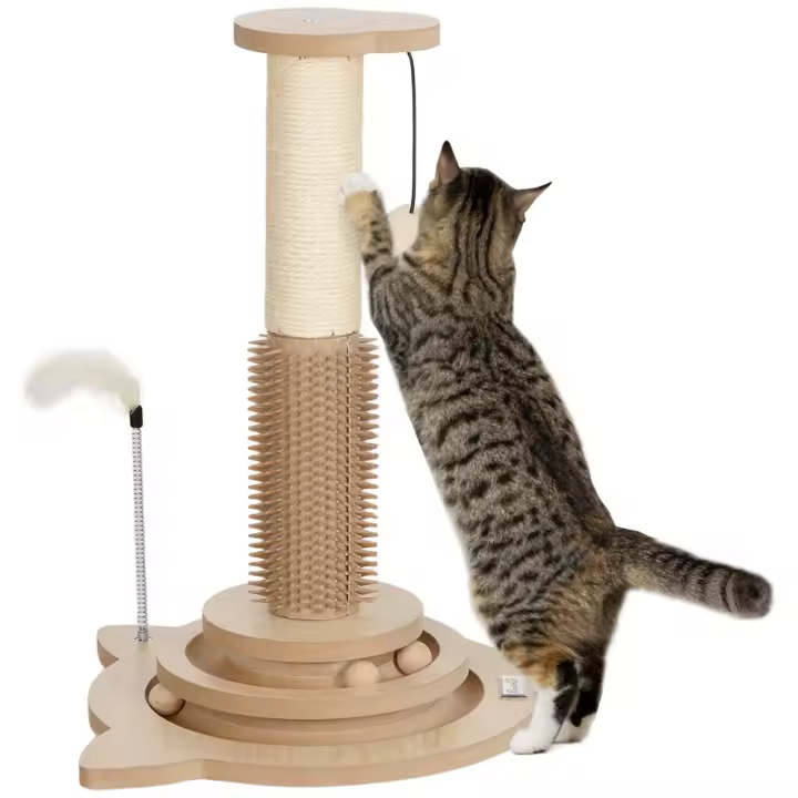 PawHut Poste Rascador para Gatos 49 cm Arañador para Gatos con Poste de Sisal Cepillo Carril Giratorio con Bolas de Juego Pluma Elástica y Bola de Juguete Roble - 1