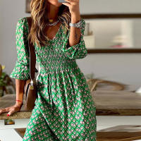 Vestido Largo Para Mujer Con Estampado Verde Y Acolchado Estilo Europeo Otoño 2024 Moda Oficina Lady Cuello V Manga Puff Polyester - details 8