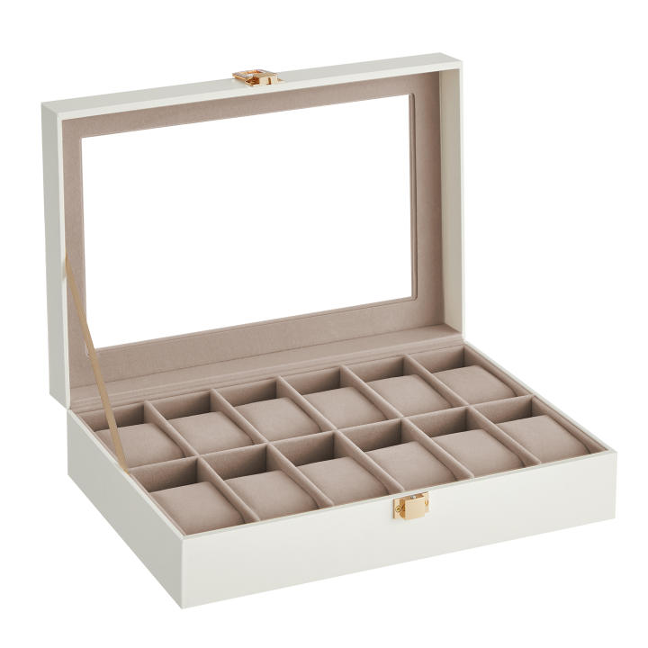 SONGMICS Caja de Relojes con 12 Compartimentos, Estuche de Relojes con Tapa de Cristal, Cojín Extraíble, Cierre Metálico, Cuero Sintético Negro y Forro Gris/Negro/Negro y Biege/Negro y Forro Rojo Burdeos/Blanco Nube y Beige Capuchino/Marrón Café
