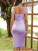 Vestido Midi De Satén Con Encaje Y Cuello Cuadrado NewAsia Sin Espalda Cintura Ajustada Ruched Y Cuerpo Confortable Para Fiesta Y Cocktail - details 9