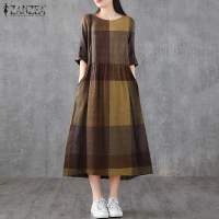 Vestido Midi De Lino Y Algodón ZANZEA Para Mujer Estilo Vintage Cuadros Manga Corta Cuello Redondo Vestidos Casual Verano Con Bolsillos Longitud Hombro a Hombro - details 3