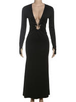 Vestido Largo Elegante Para Mujer Kliou Metálico Con Cuello Bajo Y Manga Larga Estilo Clásico Ajustado Alta Calle Moda Festival - details 0