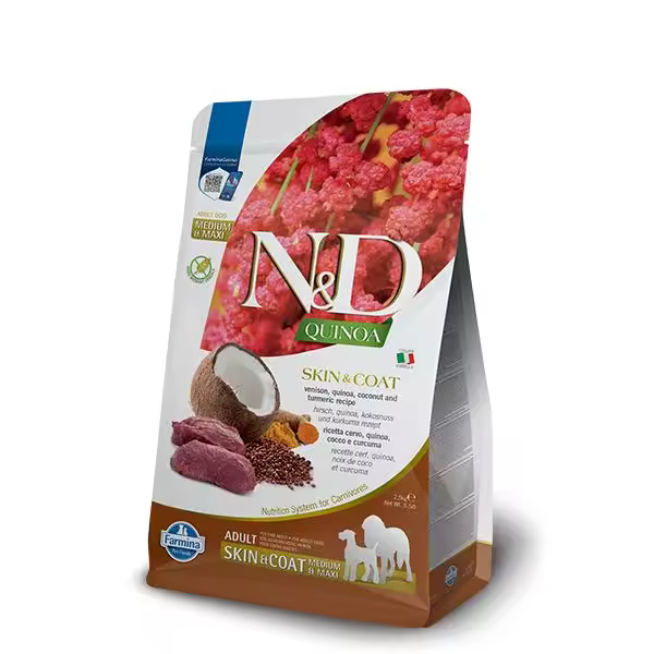 FARMINA N&D DOG QUINOA SKIN COAT VENADO MED MAXI 2,5KG / alimento dietético completo para perros destinado a reducir las intolerancias a ingredientes y nutrientes - 1