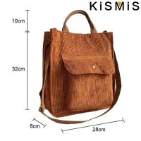 Bolso De Hombro Para Mujer De Corduroy Y Tela Con Bolsillo Exterior Bolso De Compras Casual Para Estudiantes Bolsa De Libros - details 1