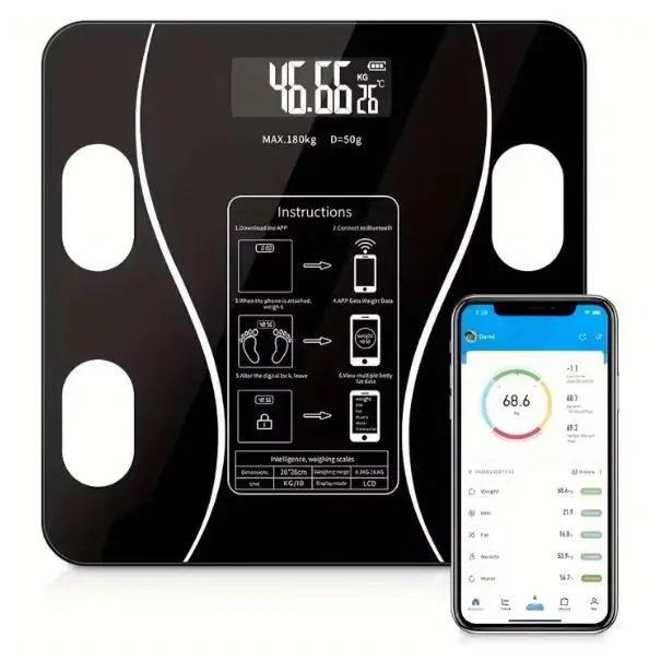 RUHHY Báscula de baño analítica con APP slim 180kg smart+ 17en1 mediciones de Peso corporal precisas y detalladas, calcula el índice de IMC, mide la grasa corporal, el contenido de agua en el cuerpo y el estado de la masa ósea y muscular - 1