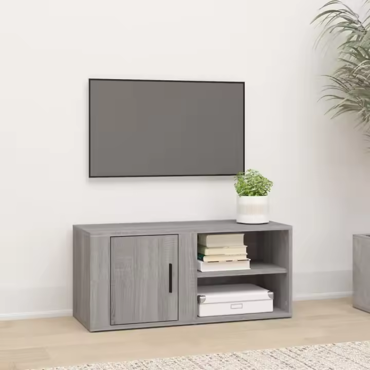 vidaXL Mueble de TV madera contrachapada blanco brillo 80x31,5x36 cm en color Blanco brillante/Marrón roble/Gris sonoma | almacenamiento funcional diseño moderno para baño dormitorio sala - 1