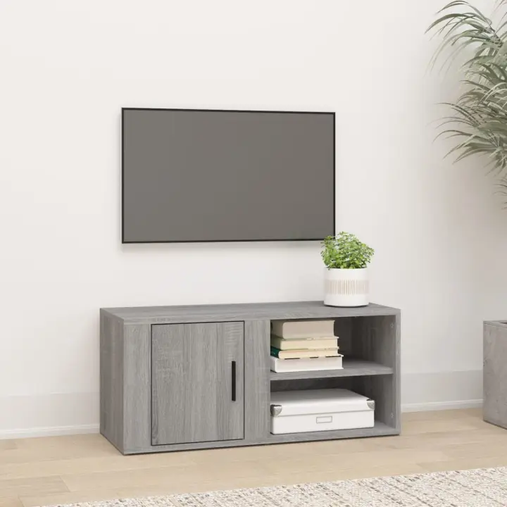vidaXL Mueble de TV madera contrachapada blanco brillo 80x31,5x36 cm en color Blanco brillante/Marrón roble/Gris sonoma | almacenamiento funcional diseño moderno para baño dormitorio sala - 1