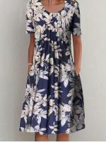 Vestido Corto Elegante Para Mujer Con Cuello Redondo Y Estampado Manga Corta Primavera Verano A-Line Midi Polyester - details 4