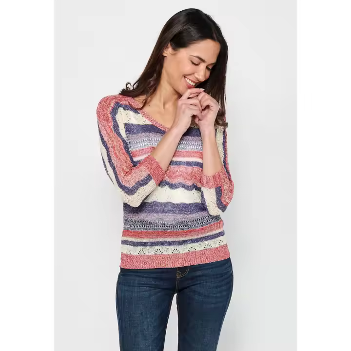 Jersey Koroshi de manga media con cuello de pico. Tejido de urdimbre estampado a rayas multicolor para mujer - 1