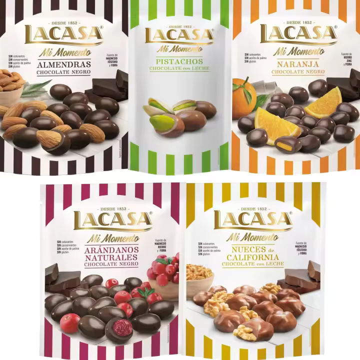 Lacasa Mi Momento pack de 5:Pistacho Leche 50G,Arándano choco Negro 125G,Nueces Leche 115G,Almendra choco Negro 125G,Naranja choco Negro 125G - 1