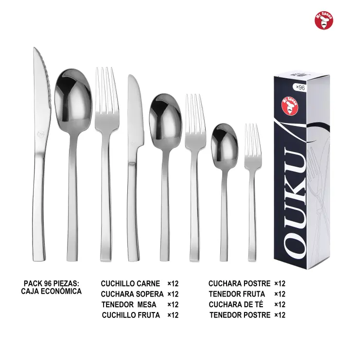 Mr.Spoon Serie Pala Juego 96,108 o120 piezas cubiertos,Acero Inoxidable 18/0,Económico y funcional,Incluye cuchillo carne o mesa,tenedor,cuchara,cucharilla,etc,Mango monobloque,Apto para lavavajillas,Caja ecológico,Ideal para casa,hotel,restaurante,90402 - 1