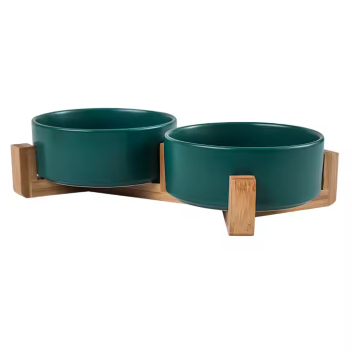 Cuenco de Cerámica para perros y Gatos con soporte de Madera, juego de Agua y Comida ponderada mate antideslizante para Gatos y Perros Pequeños - 1