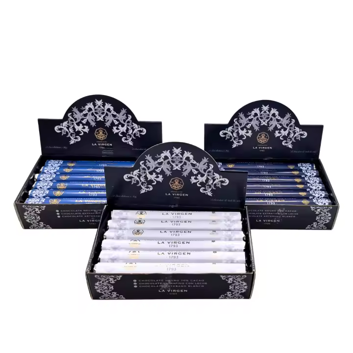 3 Pack 24 unidades de Chocolatinas de Chocolate puro 70% Cacao, Chocolate con Leche y Chocolate Blanco, 30gr La Virgen - 1