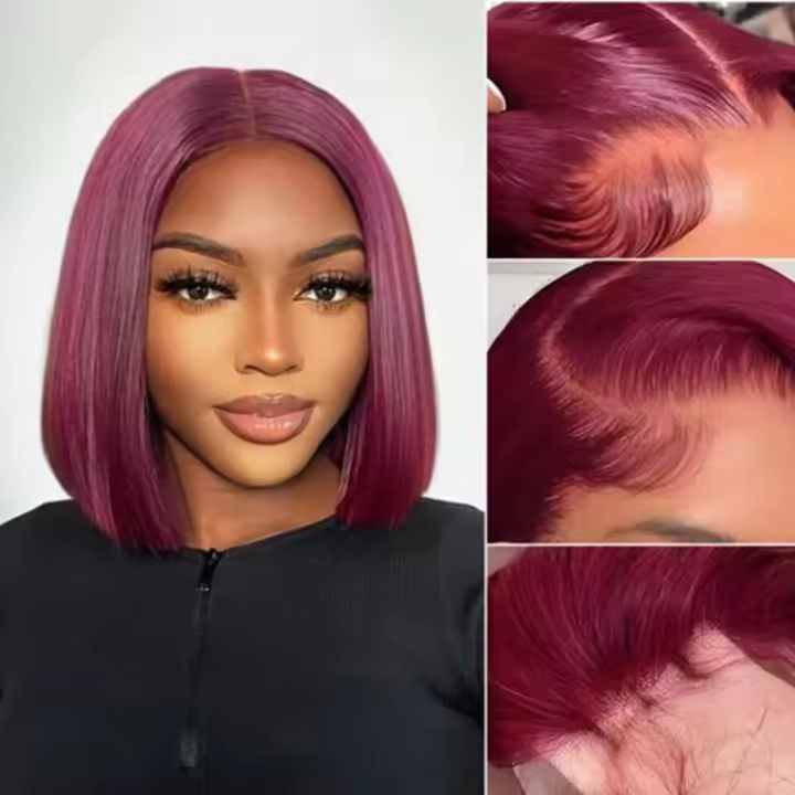 Pelucas Bob Cortas De Cabello Humano Color Rubí Oscuro 13x4 99J Peluca Frontal Completa Cortes Rectos Para Mujer Negra - 1