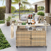 Mesa de bar para exterior, carro de Bar de mimbre con muebles, carro de servir para patio con tapa de Arce, con cubitera, patio junto a la piscina y trasero, color beige - details 0