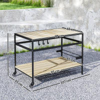 Outsunny Camarera con Ruedas de Madera Carro de Servicio con Encimera de Listones 2 Estantes 3 Ganchos y Asa para Jardín Terraza Patio 107x65x80 cm Natural - details 2