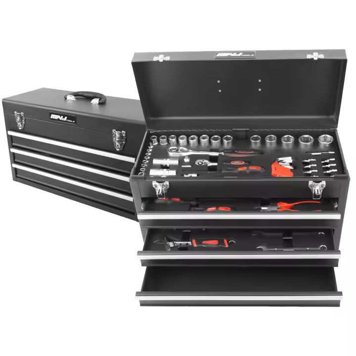 Caja de herramientas tipo Cofre con 3 cajones y 1 compartimento superior para guardar herramientas, negro, 103 piezas - 1