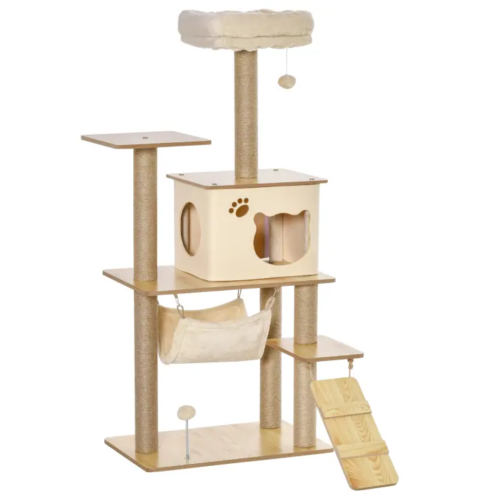 PawHut Árbol Rascador para Gatos Torre de Escalada con Plataformas Hamaca Escalera Cueva Postes para Rascar de Yute Bola Colgante Juego y Descanso 60x40x130 cm Beige - 1