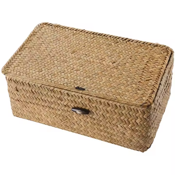 Caja de almacenamiento tejida a mano para algas marinas, cesta de almacenamiento, organizador de maquillaje, contenedor multiusos con tapa - 1