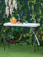 Mesa Plegable de Picnic Multifuncional con Fregadero Grifo y Pistola de Riego Extensible para Balcón Jardín Camping Barbacoa Exterior Metal 114,5x59x94,5 cm Blanco - details 1