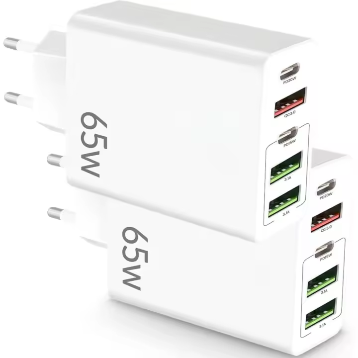 Pack 2 Cargador USB C Carga Rápida Marca NFMAXONE- Múltiple 5 Puertos - Enchufe Multiple 65 W - Adaptador Compatible Con Samsung, iPad, iPhone, Google Marca: NFMAXONE - 1