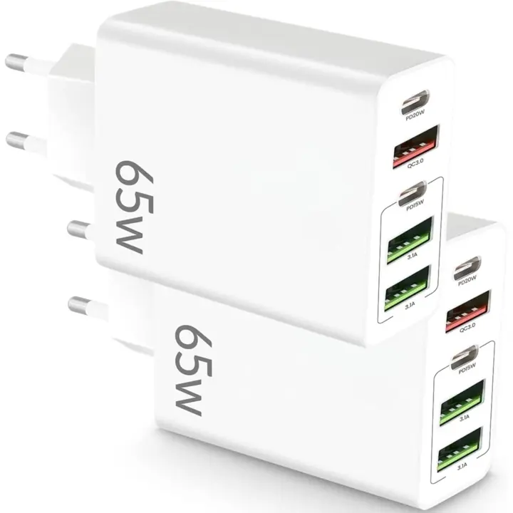 Pack 2 Cargador USB C Carga Rápida Marca NFMAXONE- Múltiple 5 Puertos - Enchufe Multiple 65 W - Adaptador Compatible Con Samsung, iPad, iPhone, Google Marca: NFMAXONE - 1