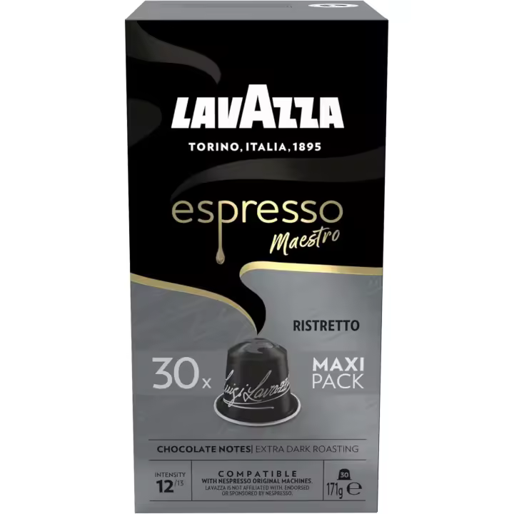 Lavazza Espresso Maestro Ristretto 60 Cápsulas Compatibles con las Máquinas de Nespresso* Café Original, con Notas Aromáticas de Chocolate y Caramelo, Arábica y Robusta, Intensidad 12/13, Tueste Oscuro, 2 Paquetes de 30 Capsulas - 1