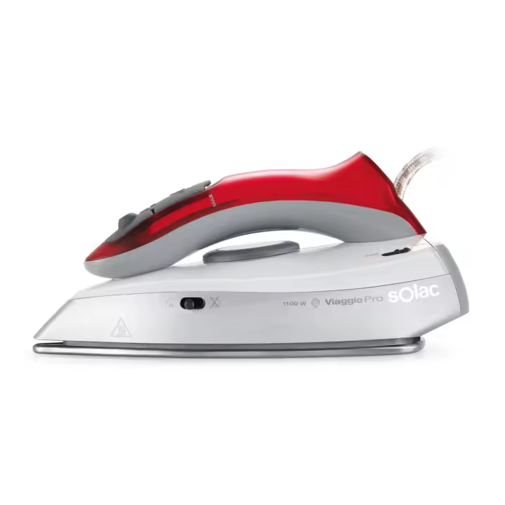 Solac - Plancha de vapor Viaggio Pro 1100W  Plancha de viaje  Bivoltaje 120-240V  Caudal vapor regulable 0-10g/min  Compacta  Mango abatible  Vapor vertical  Suela cerámica  Vaso de llenado - 1