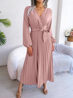 Vestido Largo Elegante Para Mujer Con Cuello En V Manga Larga Pleated Maxi Con Cinturón Estilo Casual De Pierna Larga - details 34