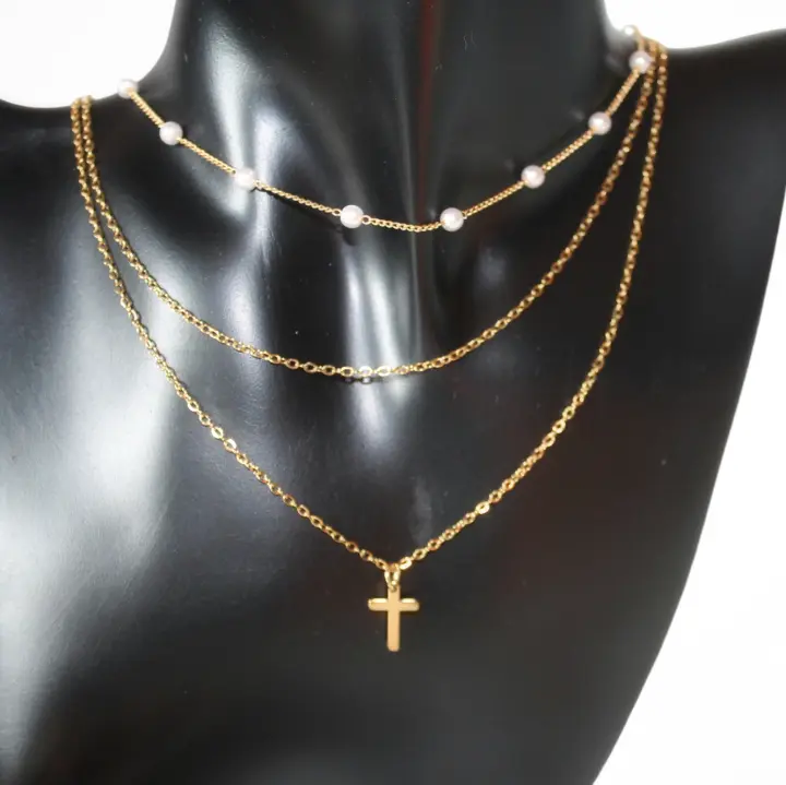 Zafiropa - Set Collar Cruz - Acero Inoxidable - Perla Artificial - Waterproof - 1