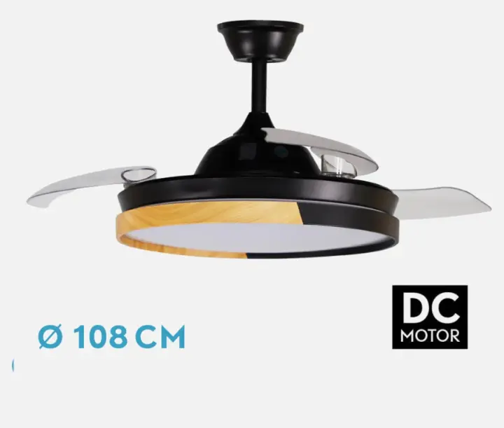 FABRILAMP ALTA GAMA Ventilador Dc Emperador 72w Negro/haya 3aspas Desplegables 108d 7200lm 3000-4000-6000k Remoto+ Memoria+ Temporizador Incluye mando a distancia y dos tijas de 10 y 25 centímetro CALIDAD DE CONFIANZA - 1