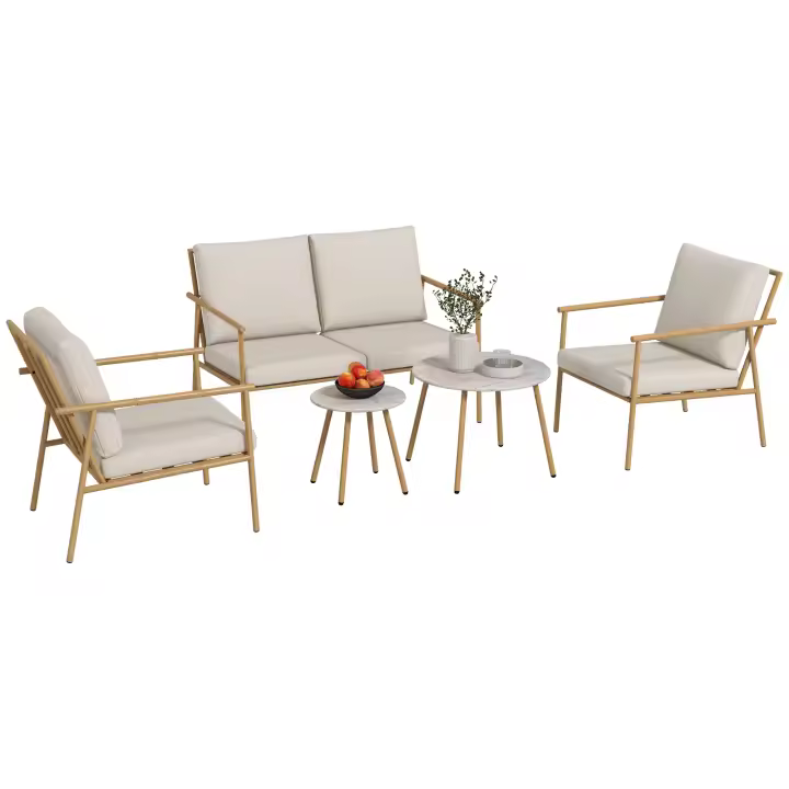 Outsunny 5 uds. Grupo de asientos, juego de muebles de jardín con 2 sillones, juego de mesa de centro, 1 biplaza, juego de jardín con cojines para balcón, terraza, crema - 1