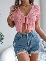 Cardigan De Punto Para Mujer Verano Otoño Ligero De Visón Manga Corta Cuello Redondo Estilo Casual Color Sólido Con Agujeros - details 9