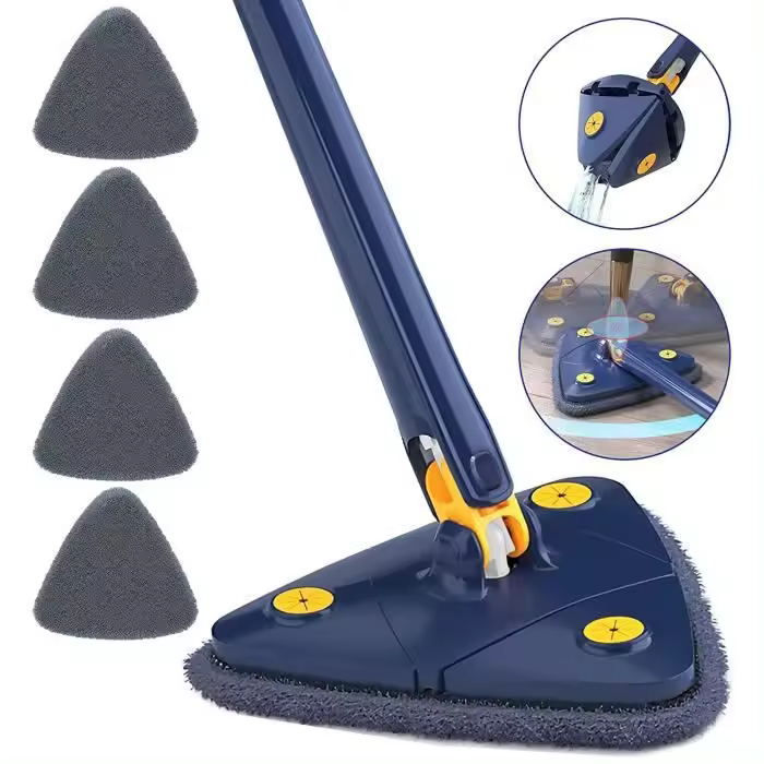 Fregona de Limpieza triangular giratoria de 360 °, ajustable, autocompresible, plegable, telescopica, con 4 Paños de Limpieza - 1