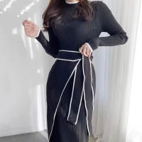 Vestido Bandage Tejido Vintage Para Mujer Con Rayas Slim De Manga Larga Estilo Elegante Para Oficina Vestido Irregular De Cuello Alto Casual De Otoño - details 7
