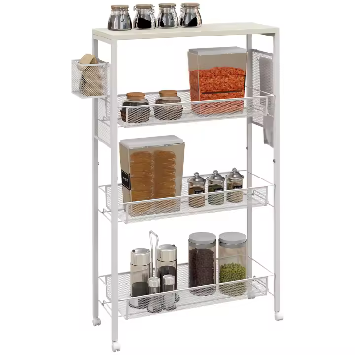 HOMCOM Carro de cocina con 3 niveles, carro de servicio con cesta, carro con encimera, gancho, carro de almacenamiento, para comedor, salón, acero, 58 x 18,5 x 87 cm, blanco - 1