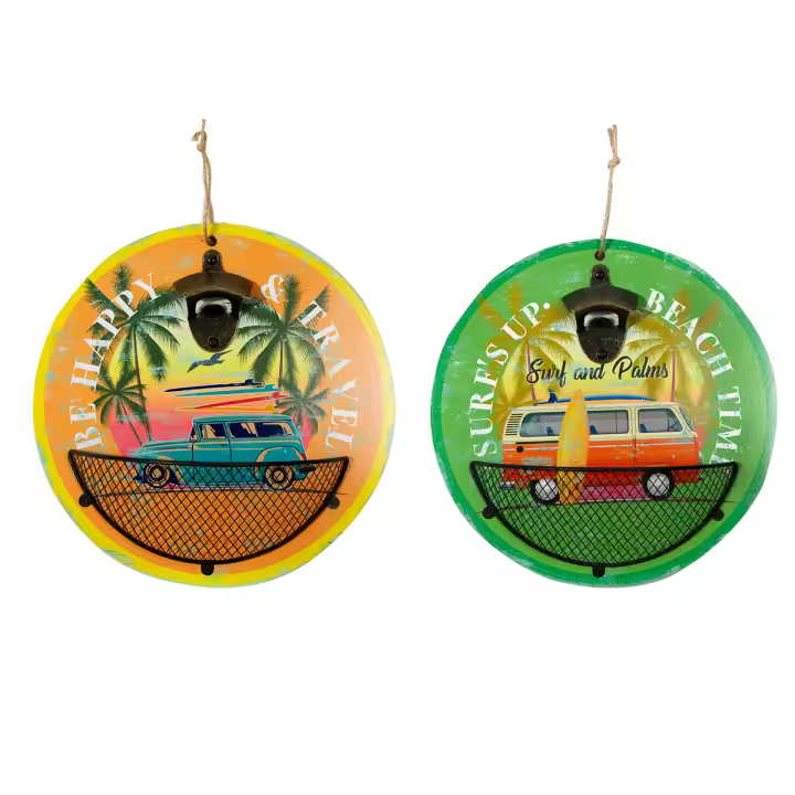 CAPRILO REGALOS & DECORACIÓN Set de 2 Adornos Pared Decorativos de Madera y Metal "Abrebotellas Surf". Cuadros y Apliques. Abrebotellas. Regalos Originales. Decoración Hogar. 29 x 8 x 29 cm. - 1