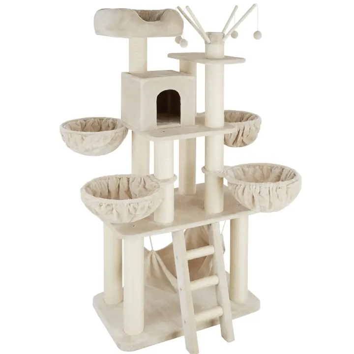 Tectake - Rascador para gatos Gismo | Altura 195 cm | 4 nidos giratorios, mirador y hamaca, Casita para gatos, Incluye sistema antivuelco, Árbol de juegos, 4 pelotas con sonajero, Columnas de sisal - 1