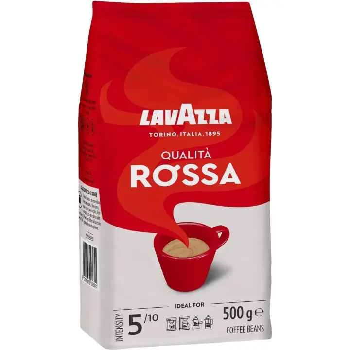 Lavazza, Qualità Rossa, Café en Grano Natural, Ideal para la Máquina de Café Espresso, con Notas Aromáticas de Chocolate y Frutos Secos, Arábica y Robusta, Intensidad 5, Tueste Medio, Paquete de 500 g - 1
