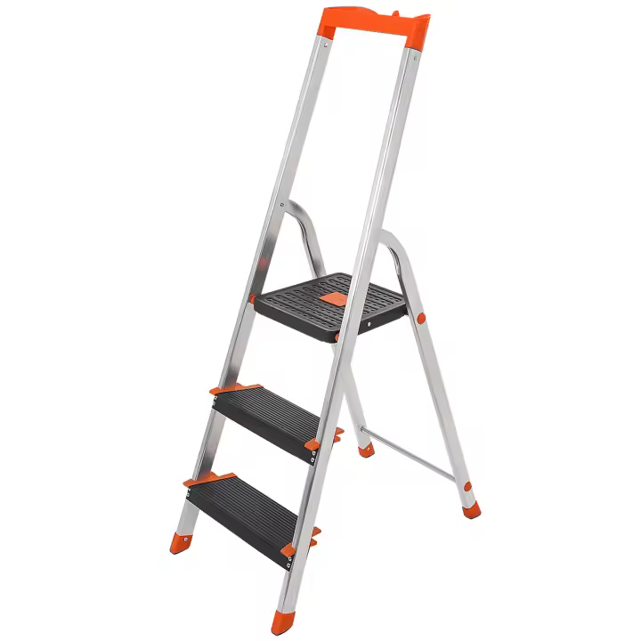 SONGMICS Escalera de 3 Peldaños, Escalera de Aluminio Plegable, Peldaños de 12 cm de Profundo con Ranuras, Pies Antideslizantes, Carga de 150 kg, Negro y Naranja - 1