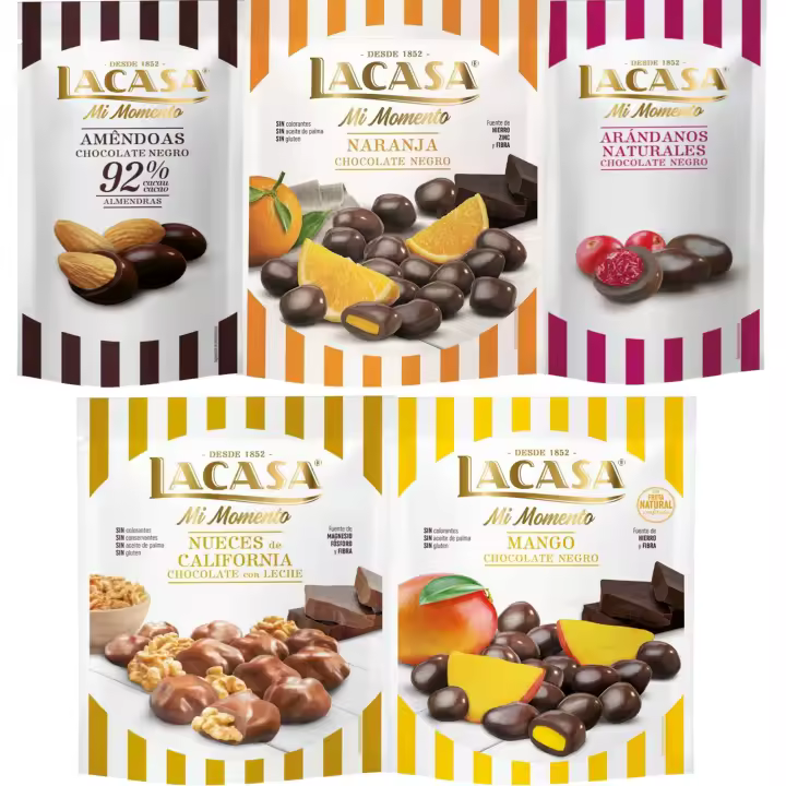 Lacasa Mi Momento pack de 5:Arándano Chocolate Negro ,Almendra 92% ,Nueces Chocolate Leche ,Naranja Chocolate Negro ,Mango Chocolate Negro - 1