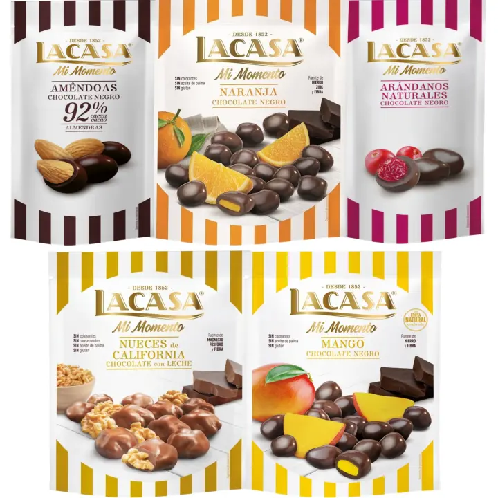 Lacasa Mi Momento pack de 5:Arándano Chocolate Negro ,Almendra 92% ,Nueces Chocolate Leche ,Naranja Chocolate Negro ,Mango Chocolate Negro - 1