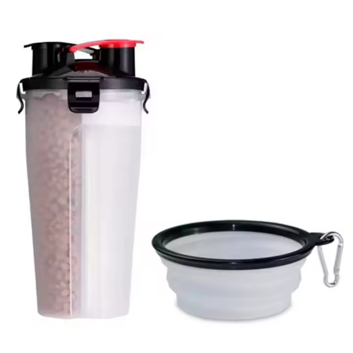 Botella portátil de agua y comida para mascotas, 2 en 1 envase dispensador comedor para perros y gatos, botella de viaje para mascotas - 1