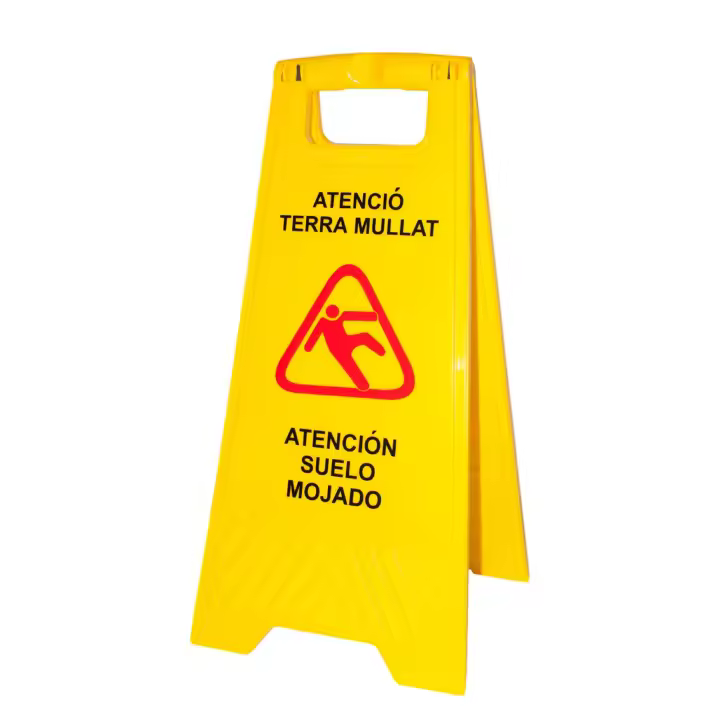 PAMEX Señal de Suelo Mojado en Catalán y Castellano. Cartel Plegable Señalización Advertencia Mojado Color Amarillo. Advertencia Superficie Resbaladiza. ENVIO GRATIS - 1