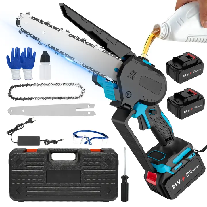 Sierra eléctrica sin escobillas de 8 pulgadas, Motosierra eléctrica engrasador automático, Motosierra de mano para poda de jardín, Herramienta para carpintería con 2 baterías 2000 mah - 1