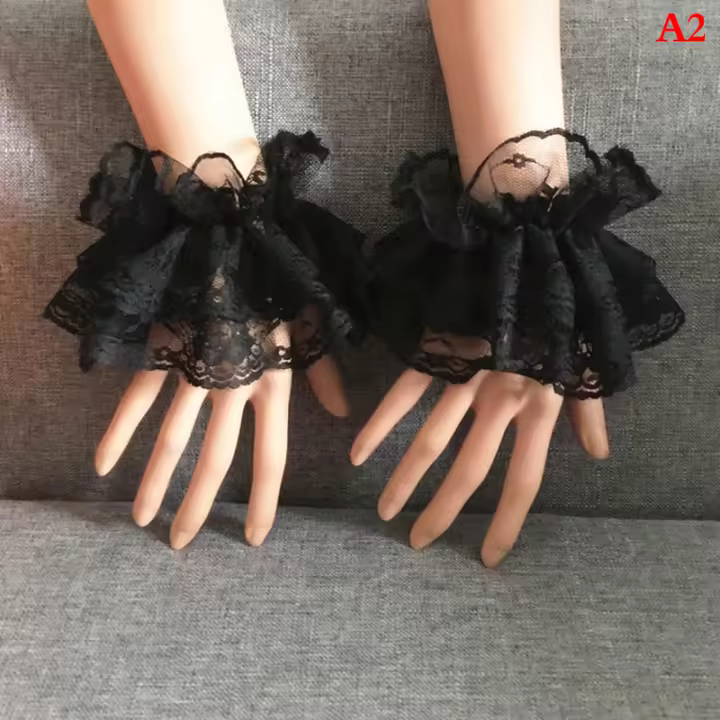 Pulseras De Encaje Negro Con Volantes Y Floral Para Mujer Guantes Cortos Elegantes De Encaje Adecuados Para Halloween - 1